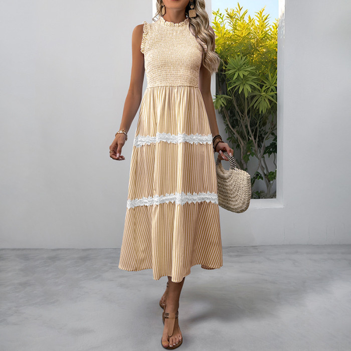 Summer New! Sweet Lace Mushroom Sleeveless Striped Dress ✨