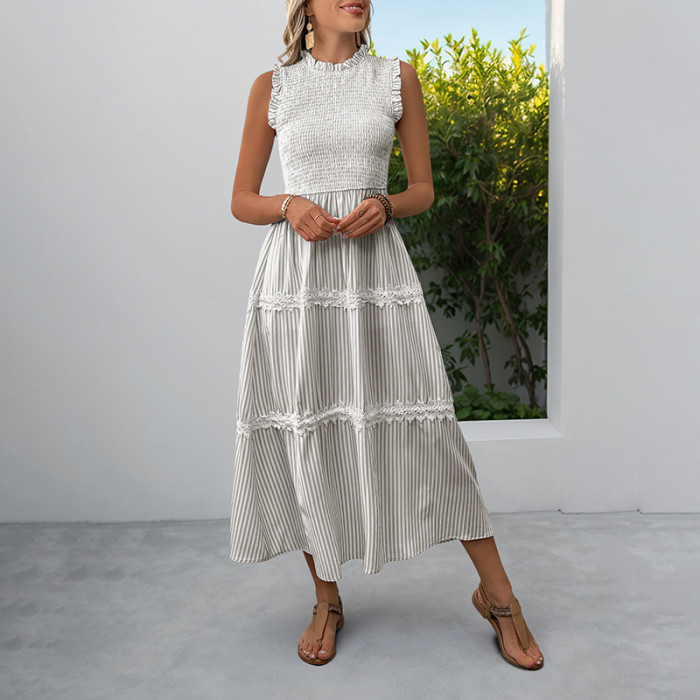 Summer New! Sweet Lace Mushroom Sleeveless Striped Dress ✨