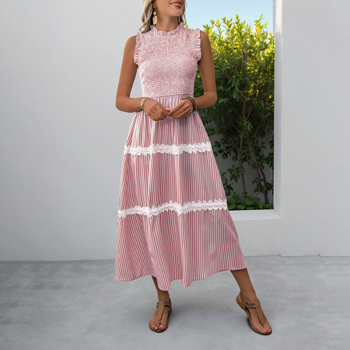 Summer New! Sweet Lace Mushroom Sleeveless Striped Dress ✨