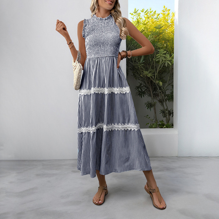 Summer New! Sweet Lace Mushroom Sleeveless Striped Dress ✨