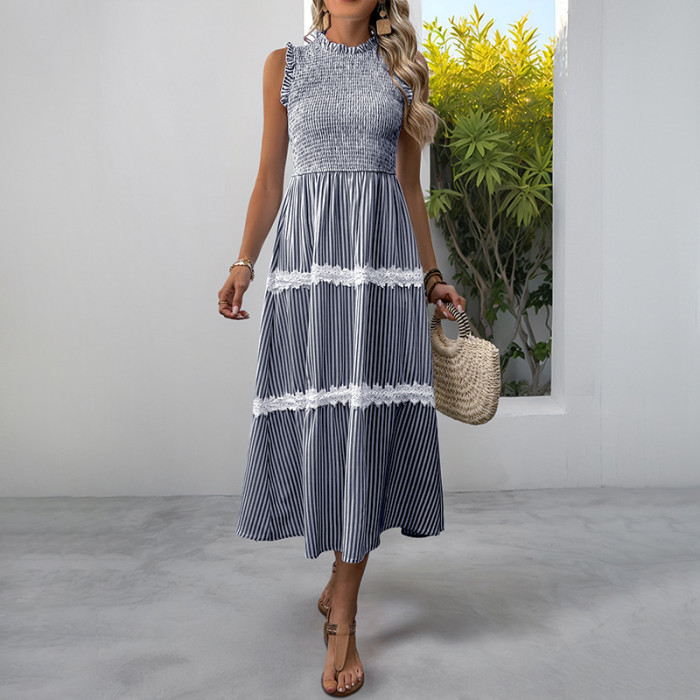 Summer New! Sweet Lace Mushroom Sleeveless Striped Dress ✨