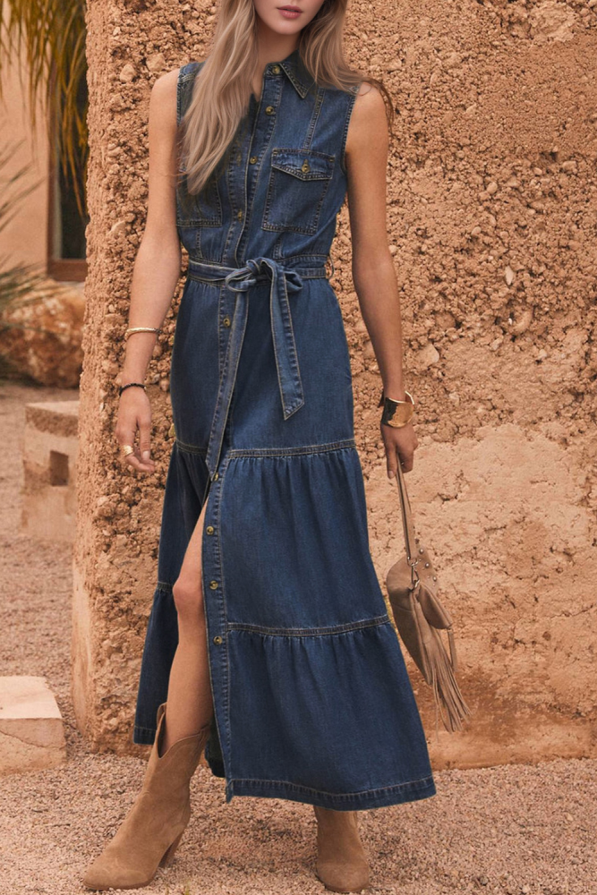 Chic Blue Imitation Denim Loose Waist Maxi Dress ✨