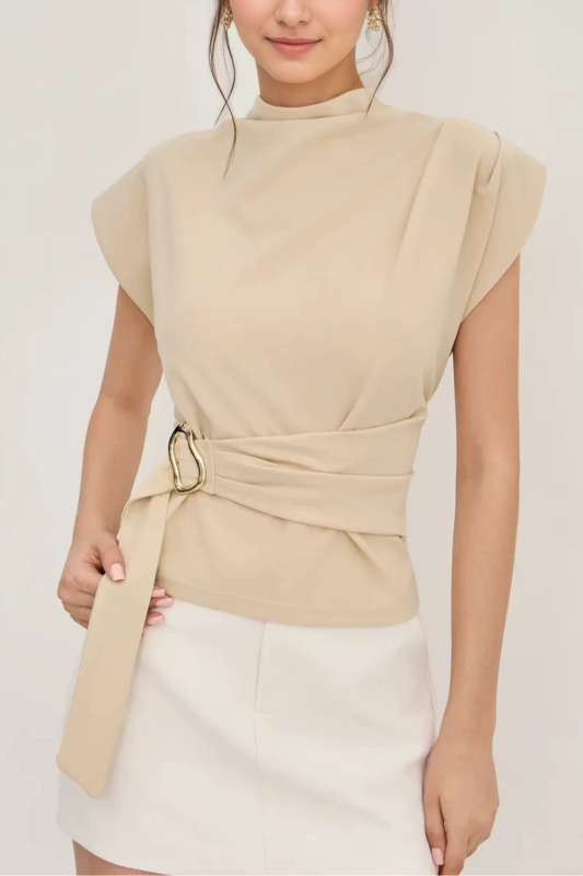 Minimalist Beige Waist Cinched Button Blouse ✨