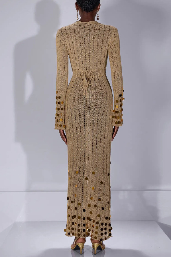 Stylish V-neck Flared Long-sleeved Knit Sequined Maxi Dress