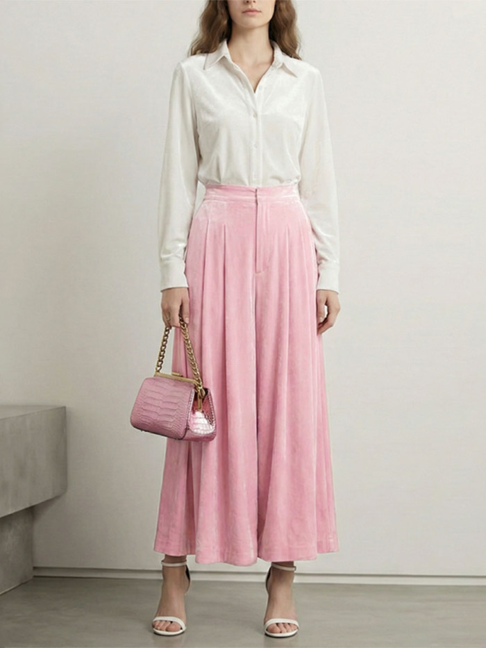 Solid Color Pockets Pleated Elasticity High Waisted Skirts Bottoms