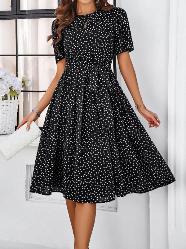 Tied Waist Split-Joint Polka Dot Contrast Color Short Sleeves High Waisted Round-Neck Midi Dresses
