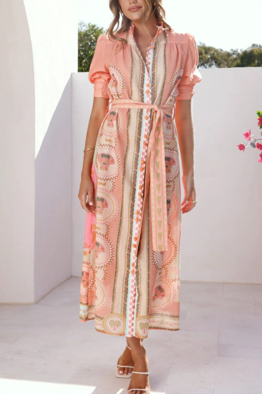 Unique Printed Puff Sleeve Button Lace Up Vacation Maxi Dress