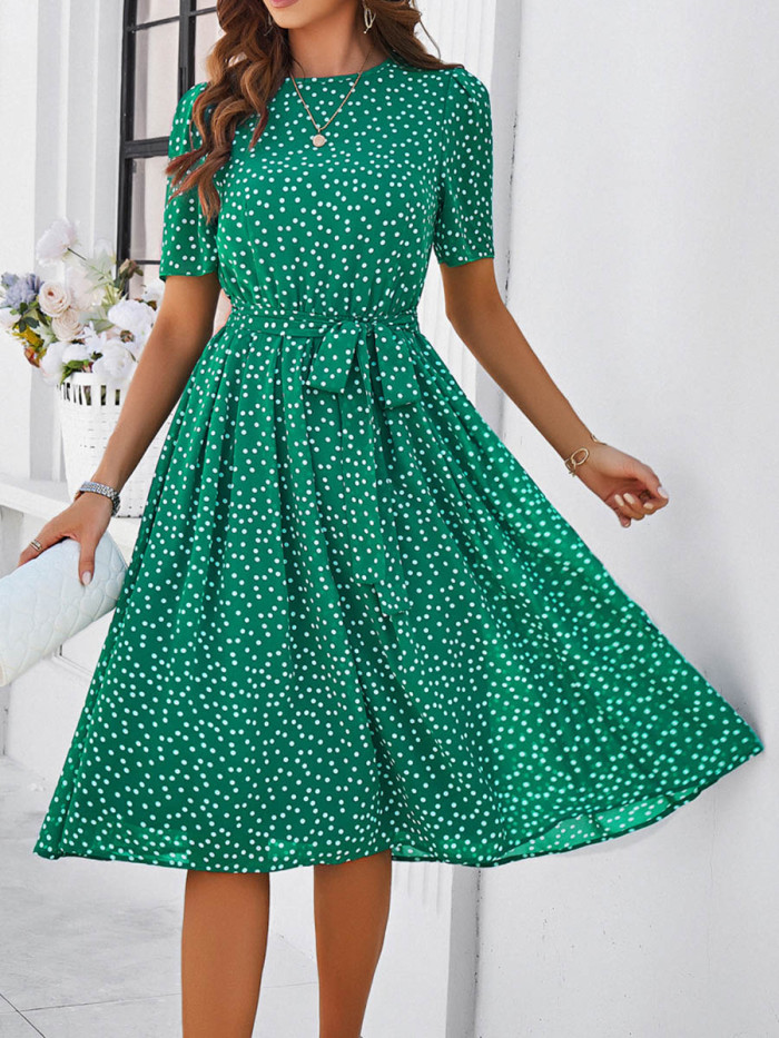 Tied Waist Split-Joint Polka Dot Contrast Color Short Sleeves High Waisted Round-Neck Midi Dresses