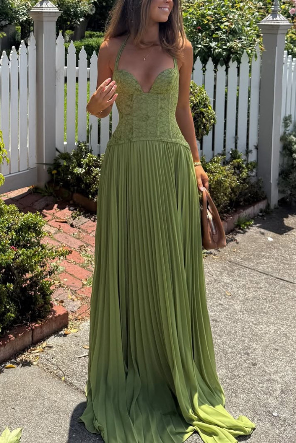 Elegant Lace Patchwork Halter Neck Tie Backless Pleated Maxi Dress