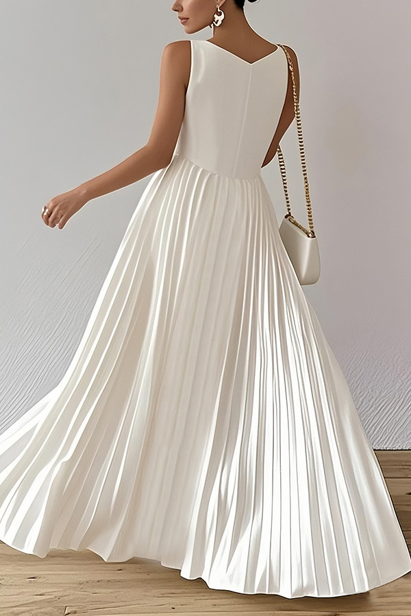 Solid Color Sleeveless Slim Fit Pleated Full Hem Maxi Dress