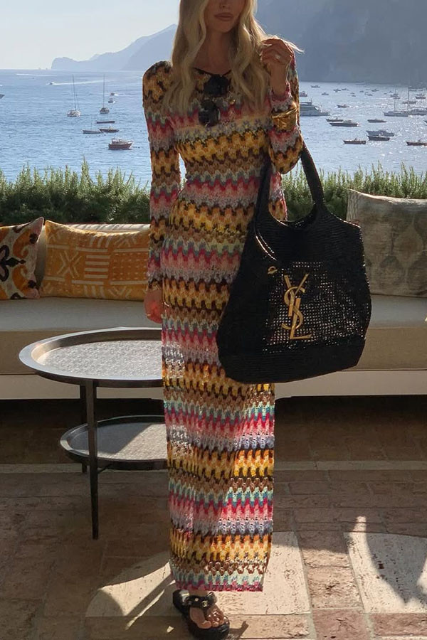 Jensin Knit Colorful Zigzag Pattern Long Sleeve Open Back Slit Vacation Maxi Dress