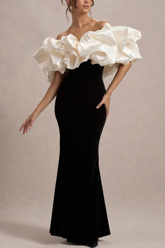 Cecily Velvet Off Shoulder Satin Structured Bardot Neck Stretch Maxi Dress