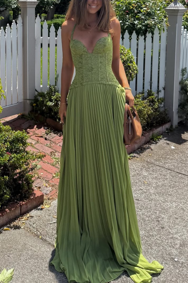 Elegant Lace Patchwork Halter Neck Tie Backless Pleated Maxi Dress