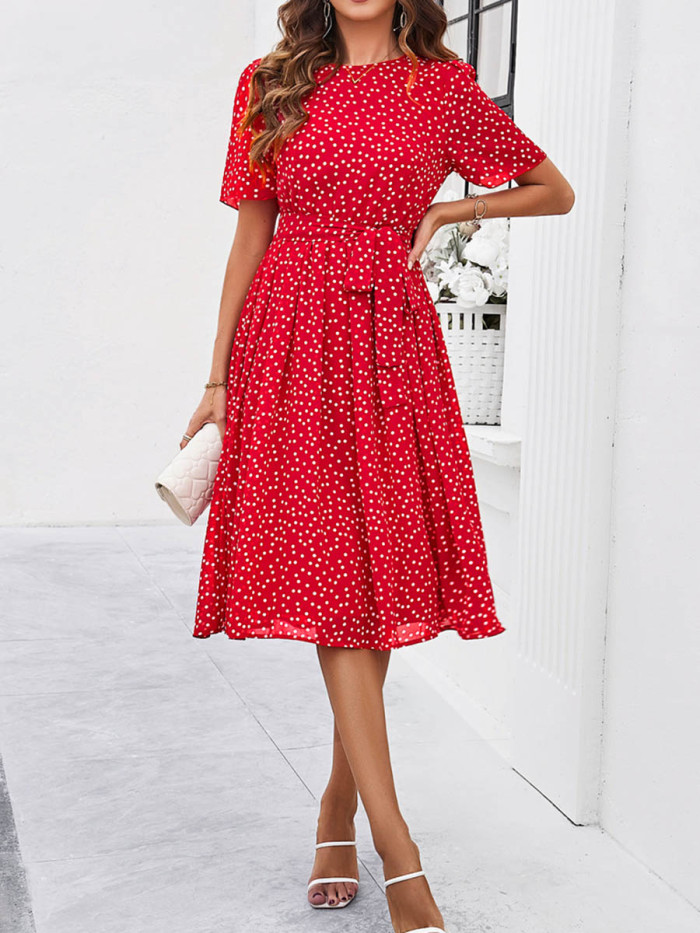 Tied Waist Split-Joint Polka Dot Contrast Color Short Sleeves High Waisted Round-Neck Midi Dresses