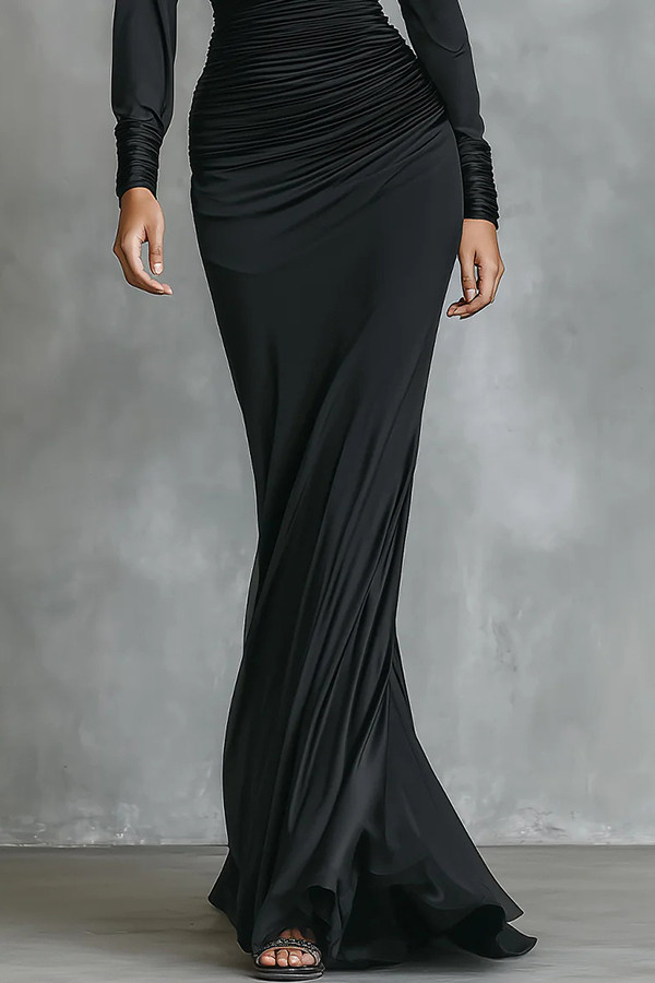 Solid Color One-shoulder Long-sleeved Slim-fit Pleated Maxi Dress
