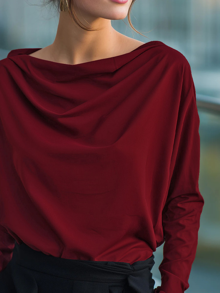 Solid Color Loose Long Sleeves Heaps Collar Blouses&Shirts Tops
