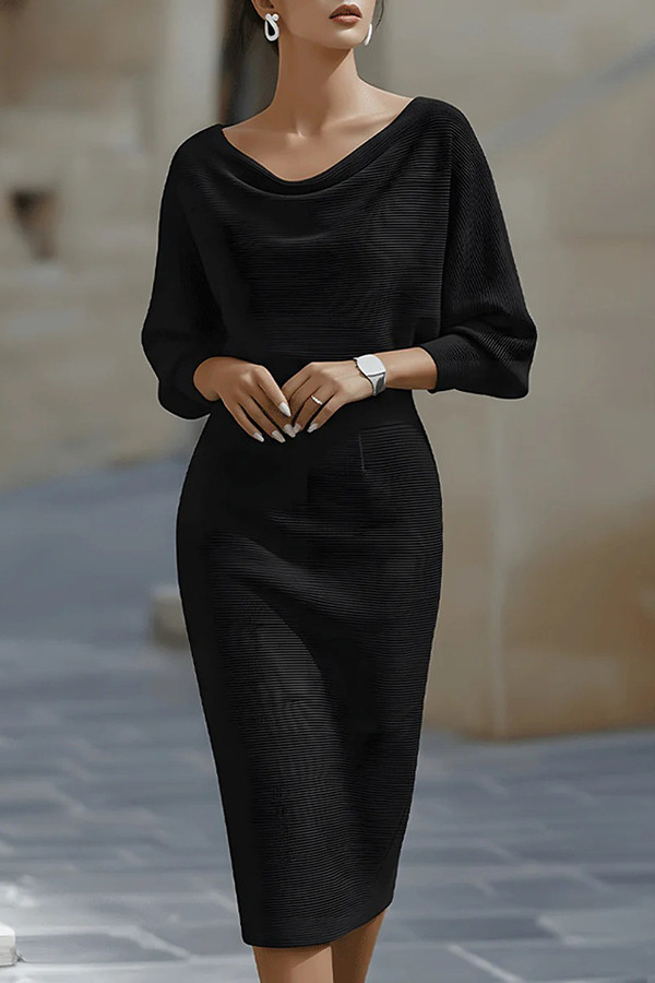 Solid Color Batwing Sleeve Fitted Wst Elegant Midi Dress