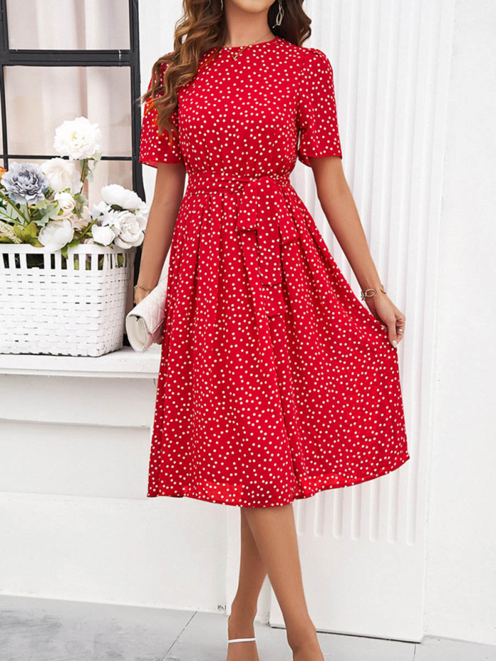 Tied Waist Split-Joint Polka Dot Contrast Color Short Sleeves High Waisted Round-Neck Midi Dresses