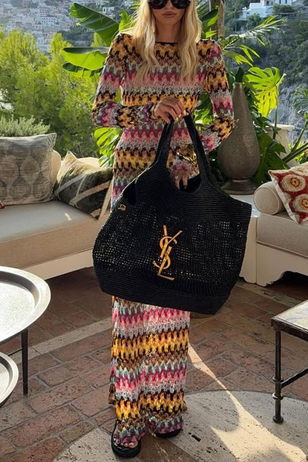 Jensin Knit Colorful Zigzag Pattern Long Sleeve Open Back Slit Vacation Maxi Dress