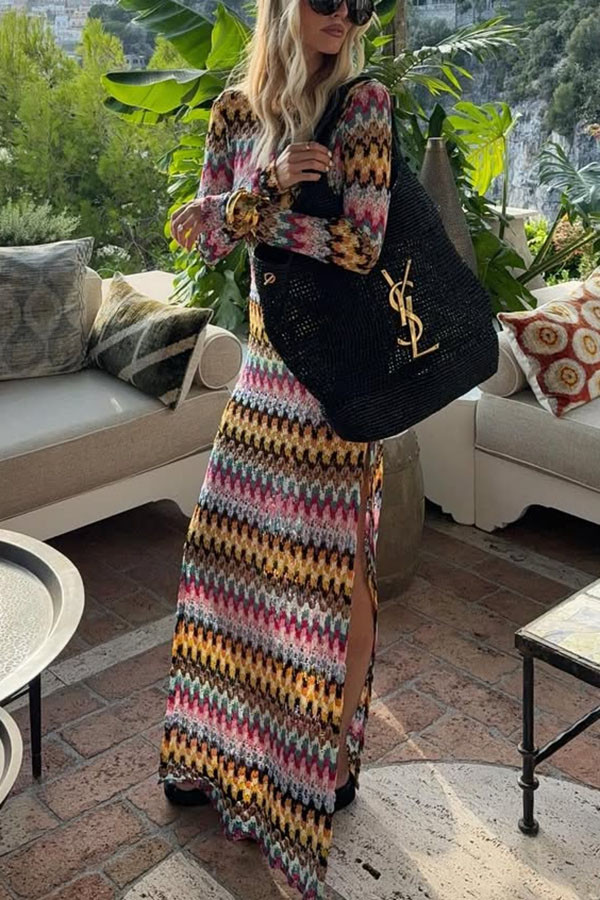 Jensin Knit Colorful Zigzag Pattern Long Sleeve Open Back Slit Vacation Maxi Dress