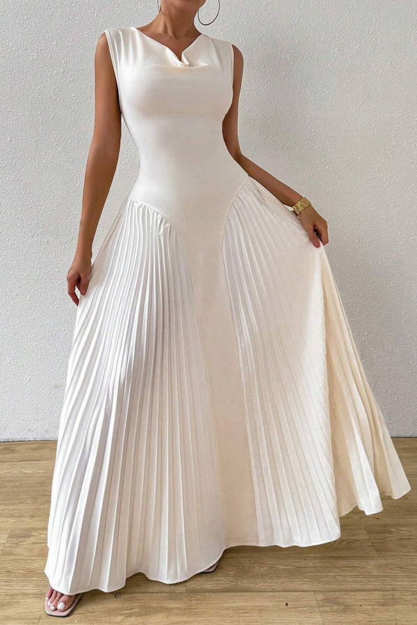 Solid Color Sleeveless Slim Fit Pleated Full Hem Maxi Dress