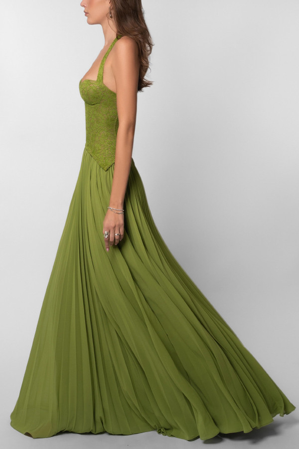 Elegant Lace Patchwork Halter Neck Tie Backless Pleated Maxi Dress