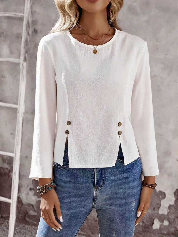 Split-Front Solid Color Buttoned Long Sleeves Round-Neck T-Shirts Tops