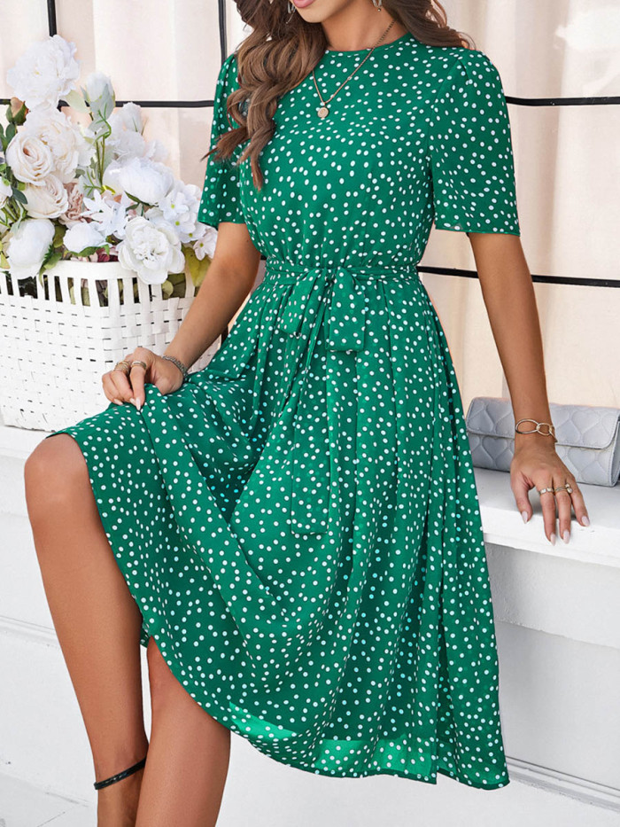 Tied Waist Split-Joint Polka Dot Contrast Color Short Sleeves High Waisted Round-Neck Midi Dresses