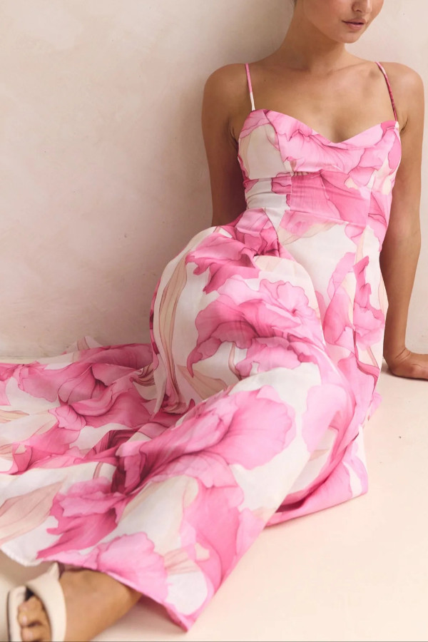 Floral Print Spaghetti Strap Backless Holiday Maxi Dress