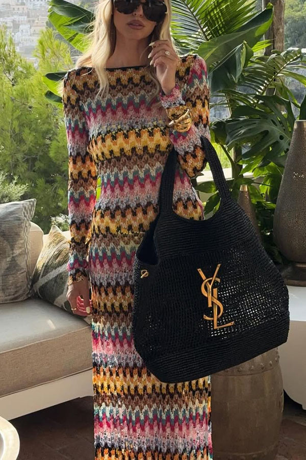 Jensin Knit Colorful Zigzag Pattern Long Sleeve Open Back Slit Vacation Maxi Dress