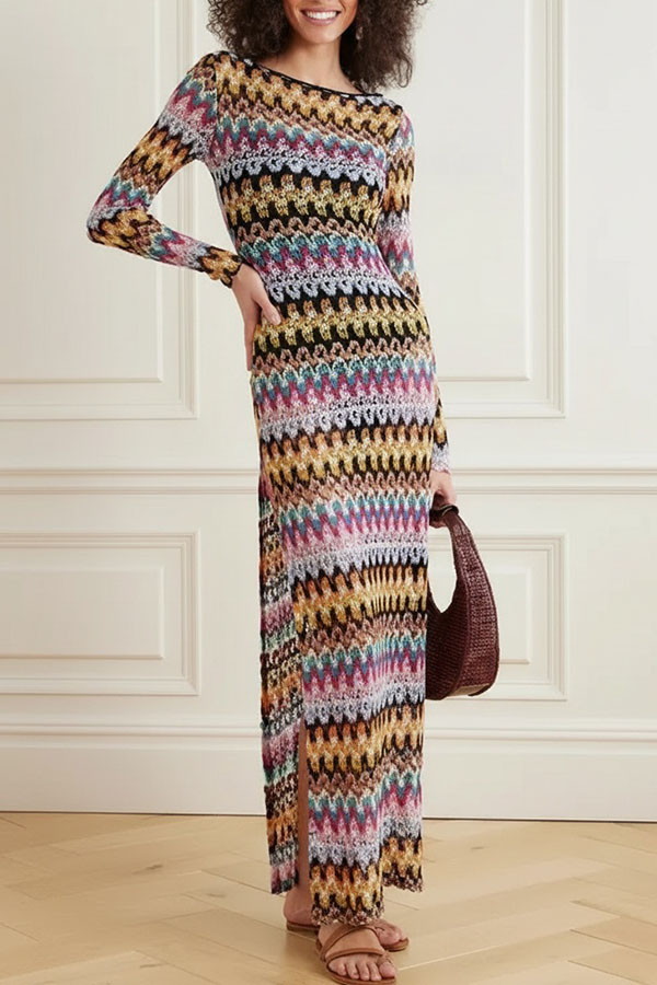 Jensin Knit Colorful Zigzag Pattern Long Sleeve Open Back Slit Vacation Maxi Dress