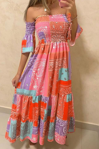 Fashion Print Split Joint Off the Shoulder Waist Skirt Dresses