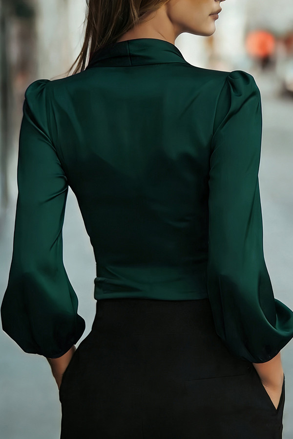 Satin V-neck Long-sleeved Casual Tie-wst Shirt