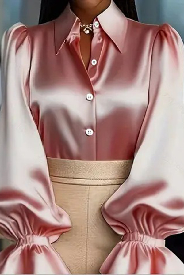 Solid Color Satin Puff Sleeve Casual Button-down Shirt