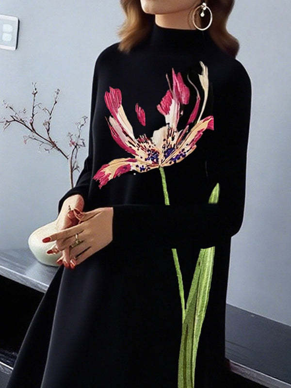 A-Line Long Sleeves Flower Print Pockets Mock Neck Midi Dresses