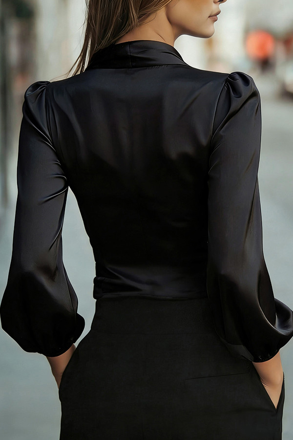 Satin V-neck Long-sleeved Casual Tie-wst Shirt