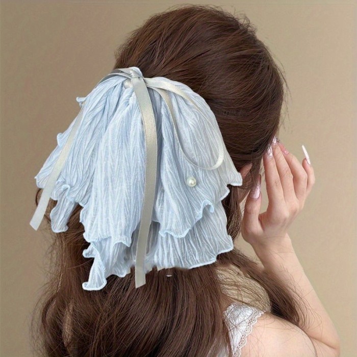 Elegant Ice Blue Ruffled Bow Hair Claw Clip