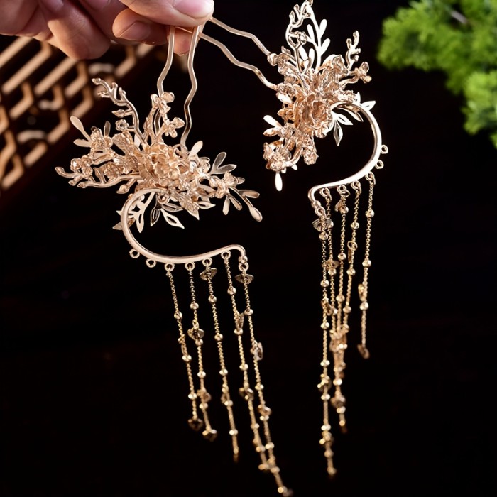🏮2Pcs Chinese Vintage Alloy Fringe Bun Comb | Retro Wedding Festival Hair Accessory