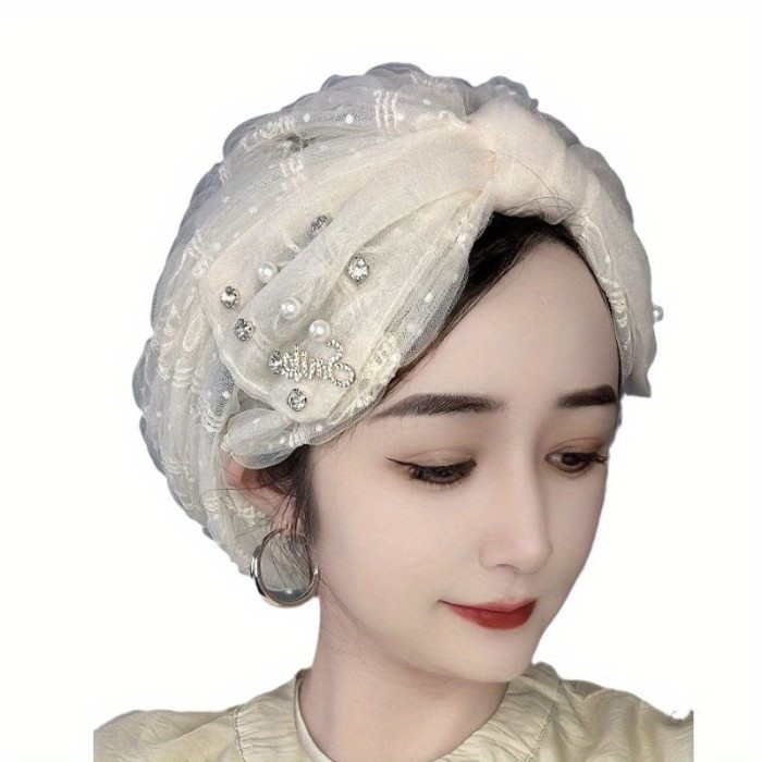 ✨Elegant Pearl Embellished Tulle Headscarf | Breathable Women’s Versatile Headwear