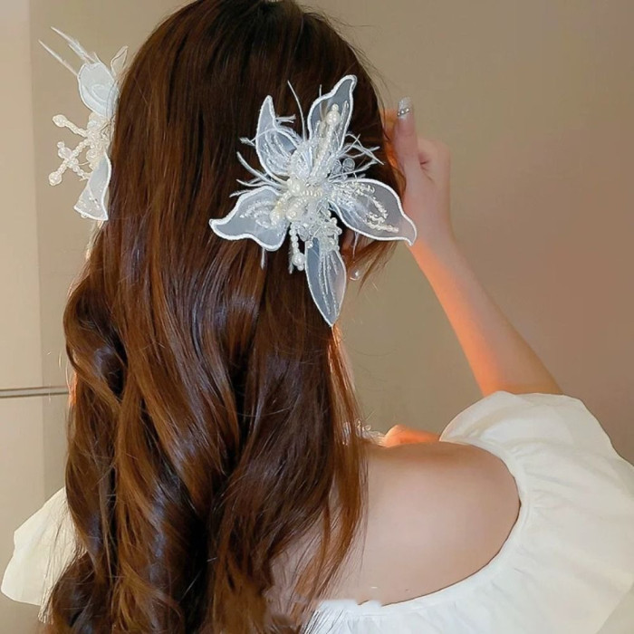🌸White Lace Feather Pearl Hairpin | Chic Crystal Flower Twisted Wire Hair Ornament for Carnival