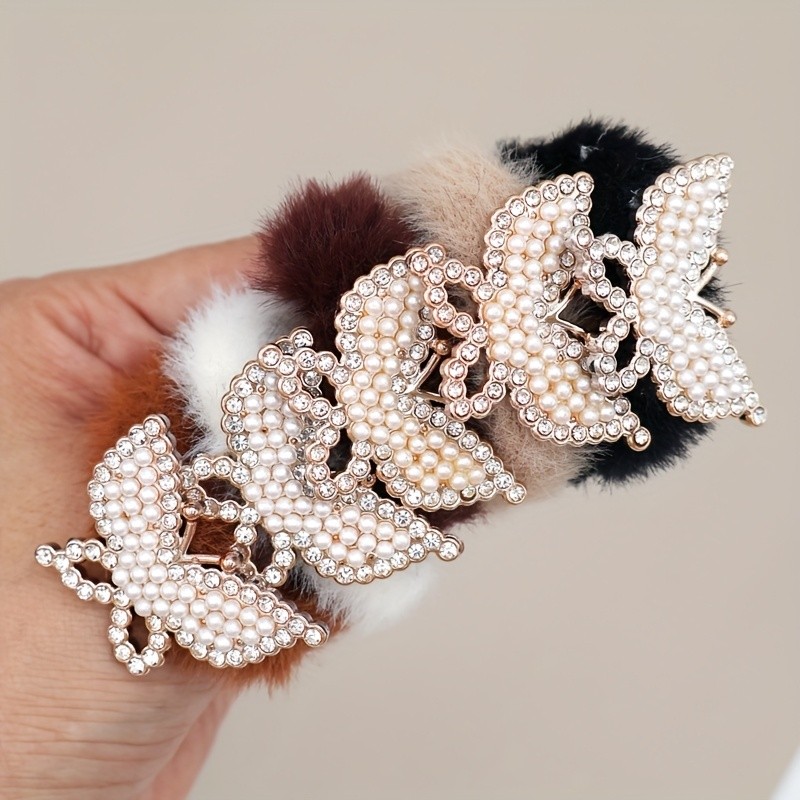 ✨New Style 5Pcs Bow Hair Tie Set | Faux Pearl Rhinestone Mixed Color Ponytail Buns