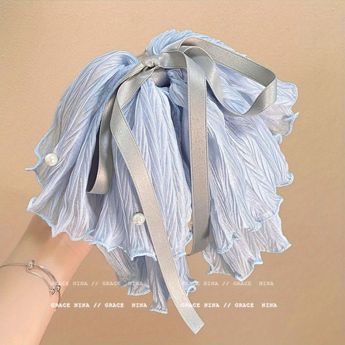 Elegant Ice Blue Ruffled Bow Hair Claw Clip