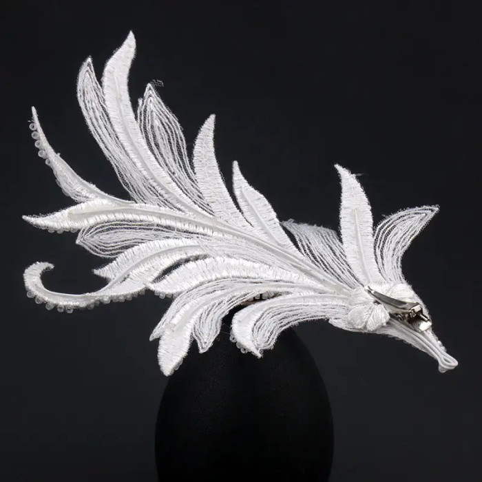 Elegant White Lace  Hair Clip Rice Bead Headpiece for Wedding