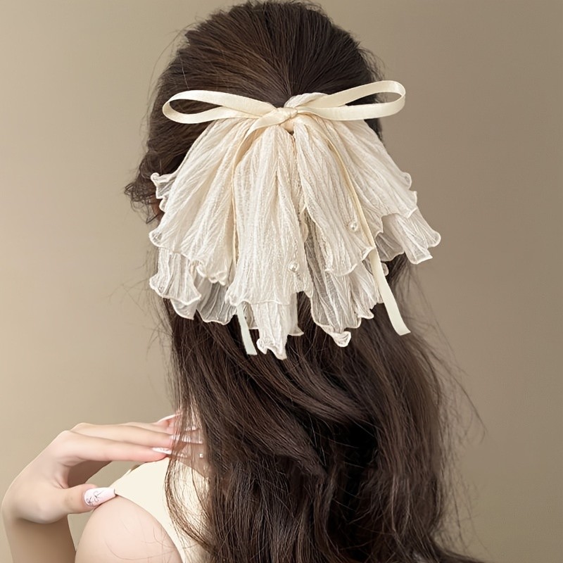 Elegant Ice Blue Ruffled Bow Hair Claw Clip