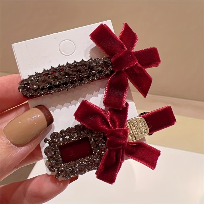 🎄4Pcs Christmas New Year Hairpins | Wine Red Velor Bow Rhinestone Duckbill Clips for Women