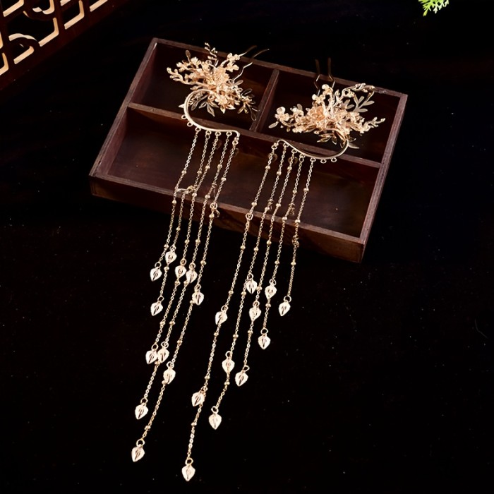 🏮2Pcs Chinese Vintage Alloy Fringe Bun Comb | Retro Wedding Festival Hair Accessory