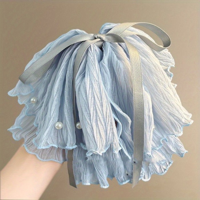 Elegant Ice Blue Ruffled Bow Hair Claw Clip