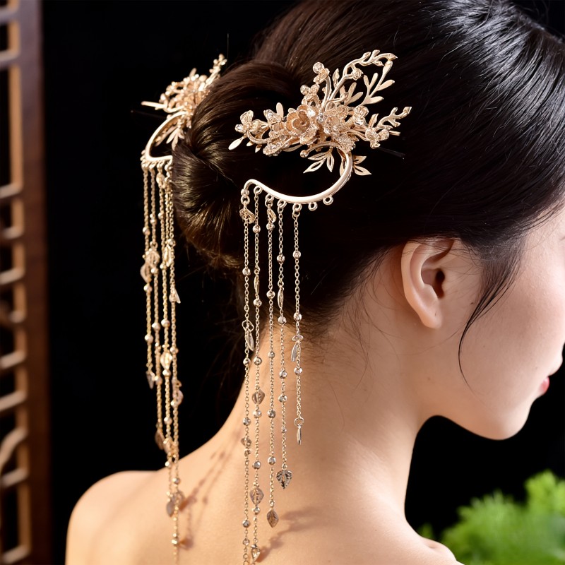 🏮2Pcs Chinese Vintage Alloy Fringe Bun Comb | Retro Wedding Festival Hair Accessory