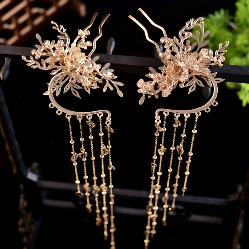 🏮2Pcs Chinese Vintage Alloy Fringe Bun Comb | Retro Wedding Festival Hair Accessory