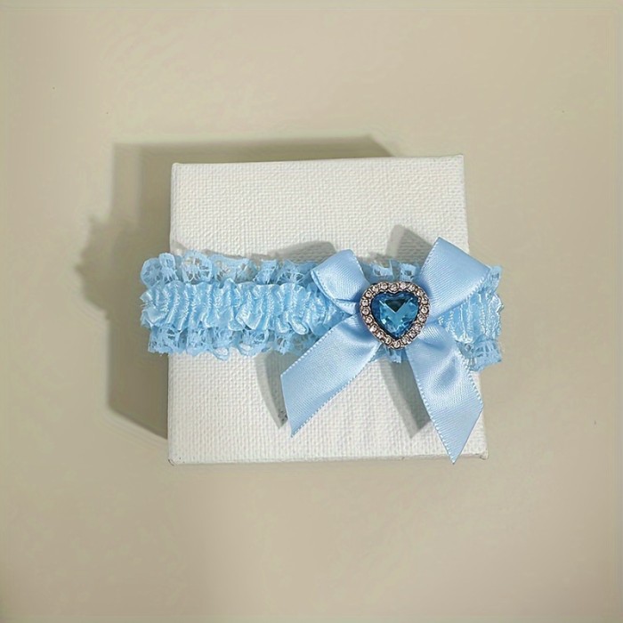 Blue Lace Elegant Wedding Garter with Rhinestone Heart Decoration and Bow – Bridal Leg Accessory for Wedding Season